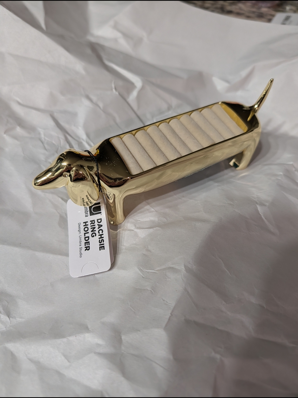 Umbra Gold Dachshund Ring Holder with Cream Inserts